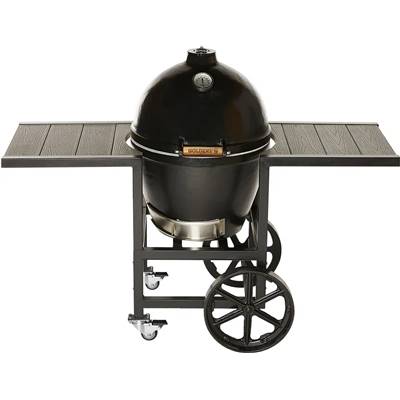 Barbecue Kamado Goldens en Fonte & chariot tablettes bois composite